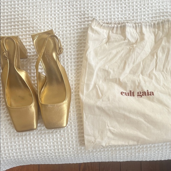 cult gaia Shoes - cult gaia Metallic Gold Square-Toe Slingback Heels